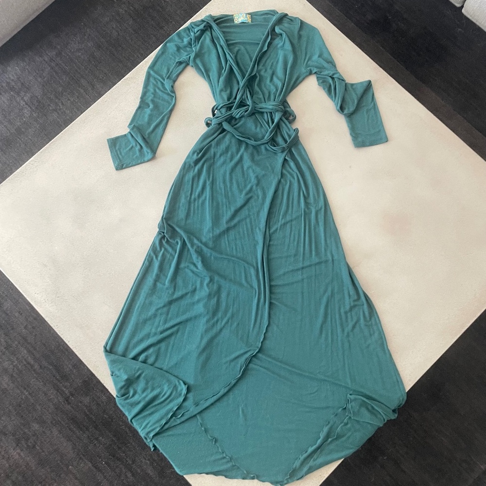 Long Sleeve Wrap Maxi Dress, Size S, Emerald Green